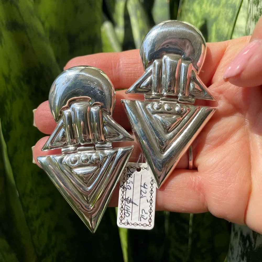 Sterling Silver Geometric Clip Earrings - Picture 7 of 11